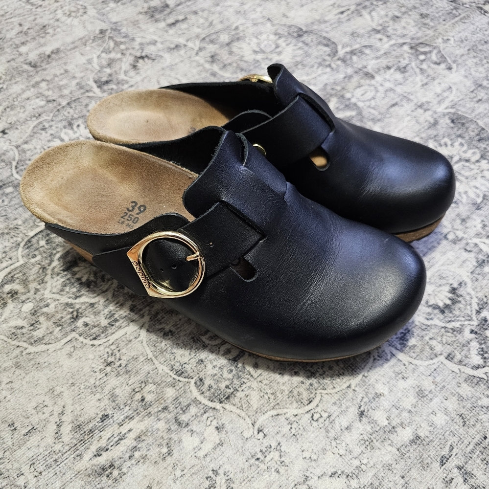 Womens Birkenstock Papillio Wedge Clog,Black Leather,Size 39